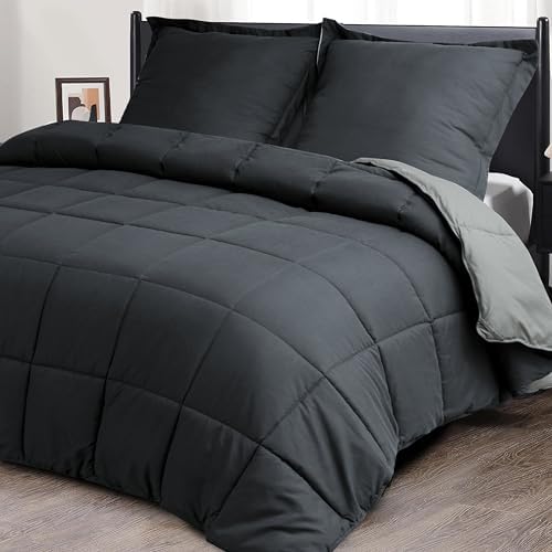 HIG Bettdecke 240x220 cm + 2 Kissenbezüge 80x80cm – Oeko-TEX zertifizierte graue Steppdecke, kastenförmig genäht – 1500g Daunenalternative (250GSM) weich & flauschig