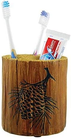 Wilcor Toothbrush Holder Wood Log with Pine Cone