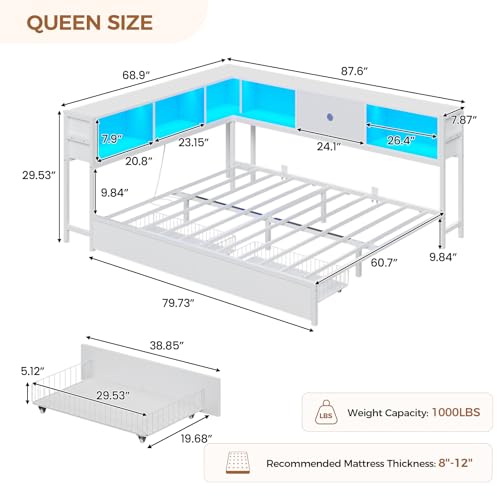 Image of Hasuit Queen Corner Bed Frame with Storage Drawers and Bookcase Headboard, Queen Size Metal Platform Corner Bed Frame with Charging Station and LED Lights, Queen Daybed for Adults Teens Guests, White
