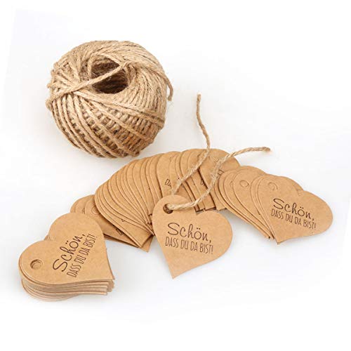 ZesNice Lot de 100 étiquettes cadeaux vintage en papier kraft 4 x 9 cm avec cœur et ficelle de jute 50 m pour cadeaux de mariage ou bricolage Cover