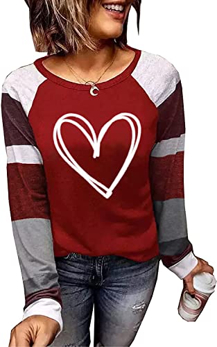 Valentinstag Baseball-T-Shirt für Damen, niedlicher Herzdruck, Farbblock, Oberteil, lässig, Spleißen Langarm-Shirt, Bluse, rot, XX-Large Cover