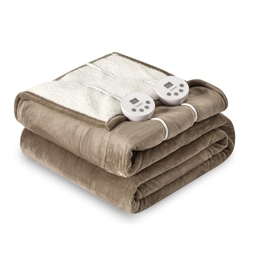 Heat Blanket 84”x90” Queen Size-Dual Control，Soft Flannel & Sherpa Electric Blanket with 10 Heat Settings,12 Timer Setting and 8 Hours Auto-Off,ETL Certified Machine Washable,Light Brown