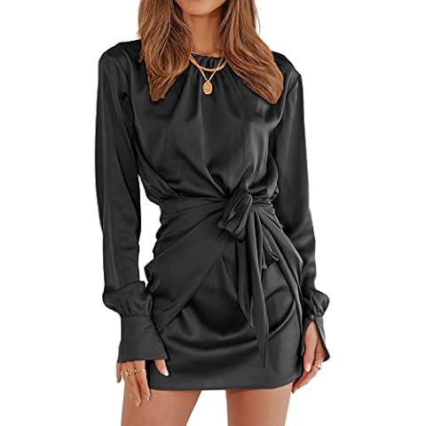 BTFBM Women Casual Long Sleeve Ruched Wrap Dress Crew Neck Tie Waist Short Dress Solid Color Mini Dress Satin Cocktail Dress, Solid Black, Medium Cover