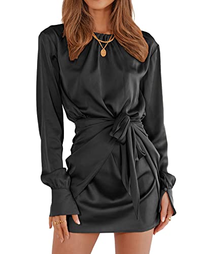BTFBM Women Casual Long Sleeve Ruched Wrap Dress Crew Neck Tie Waist Short Dress Solid Color Mini Dress Satin Cocktail Dress(Solid Black,Medium)