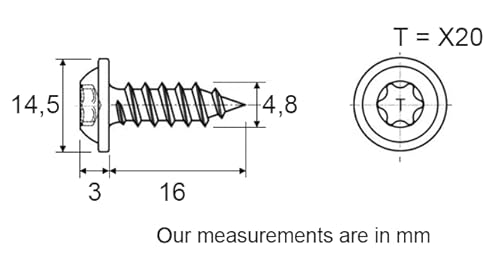 Blechschrauben, breiter Kopf, Innenverkleidung, RLX, Torx, im Beutel, 4,8 mm x 16 mm, Zink, Schwarz, 20 Stück