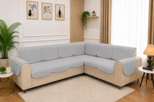 Image of 7 Seater L-Shape Sofa Cover with Arm Covers, Quilted Texture, Sectional Couch Protector for Living Room-Pack of 15 (Light Grey)