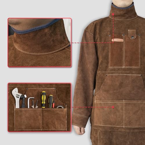 YESWELDER Avental de soldagem de couro com manga e 6 bolsos, avental de soldador de couro de vaca re