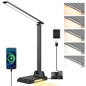 ShineTech LED Desk Lamp for Home Office, Dimmable Desk Light with USB C Charging, 25 Modes Brightness and Colors, Eye Caring Foldable Reading Light, Table Lamp for Study Nightstand