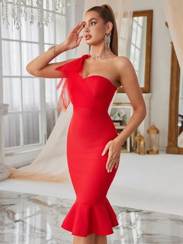 Image of Mesh One Shoulder Bow Midi Dress Fishtail Bandage Cocktail Party Wedding Bridesmaid Evening Gown