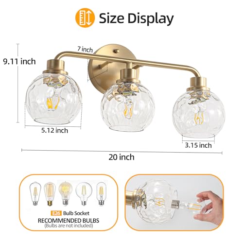 Image of Bathroom Light Fixtures Gold Vanity Light 3 Light Wall Sconces Lighting Brushed Brass Lights with Hammered Globe Glass Shades Bath Wall Lamp for Mirror Living Room Bedroom Hallway