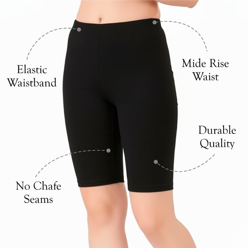 Image of Women's Cotton Lycra Cycling Shorts | 95% Cotton 5% Spandex | Stretchable Knee Length Tights for Gym, Yoga & Sports