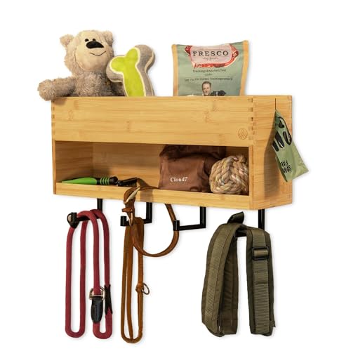 VELONT Hundegarderobe mit Ablage Personalisiert - Größe XL - Perfekter Leinenparkplatz - Bambus - Dogstation für Leinen & Zubehör - Inkl. Kotbeutelspender und Montagekit (03 XXL)
