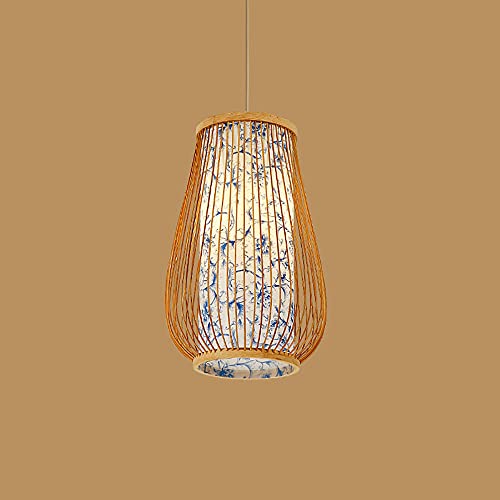 KMYX Lustre en Bambou Naturel Tissé À La Main Lampe À Suspension en Bambou E27 Plafonnier Rétro Luminaire Suspendu Réglable en Hauteur Salle À Manger Lampe De Cuisine, 20 Cm × 23 Cm Cover