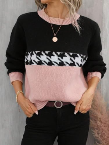 Image of chouyatou Women's Vintage Color Block Long Sleeve Pullover Sweater Houndstooth Printed Crewneck Jumper Tops