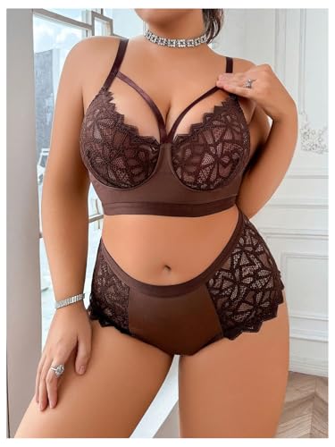 Image of MakeMeChic Women's Plus Size Lingerie Sets Contrast Lace Cut Out Wireless Bra and Panty Set