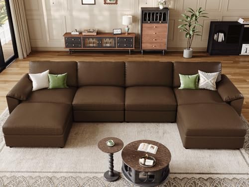 Image of EASE MOOSE Oversized Modular Sectional Sofa,Leather Sectional Couch with Deep Seat, Classic Extra Large U Shaped Couch,Faux Leather Material Sofa Comfy Scratch Resistant for Living Room,Deep Brown