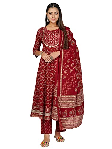 Image of Vbuyz Women's Printed & Handwork Anarkali Cotton Kurta with Pant & Dupatta | Kurta Set For Women | Suit Set For Women | Kurti Dress Set | Cotton Fabric Set