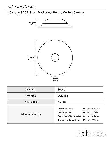 Image of RCH Hardware CN-BR05-120 Brass Round Ceiling Canopy, 4.7 Inch, Brushed Brass