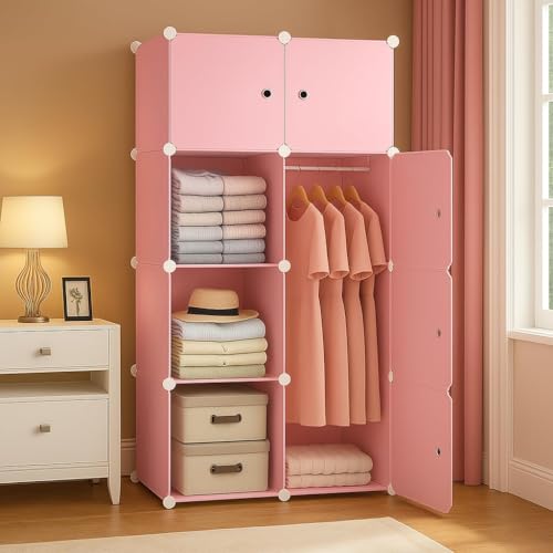 Image of Sunderlook Plastic Wardrobe for Kids Clothes - Professional Collapsible Wardrobe, Easy to Use Foldable Almirah, Plastic Cupboard for Kids for Home (Pink-X3, 8 Door)