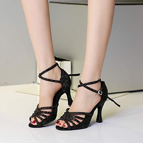 Image of JUODVMP Women's Latin Dance Shoes Rhinestones Satin Ballroom Dancing Shoes Salsa Professional Dance Shoes