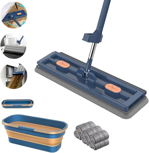 Großer flacher Wischmopp und Eimer Set, Bodenwischer zum Reinigen von Böden, 360° drehbarer Bodenreinigungsmopp mit 6 waschbaren Mikrofaser-Pads, Bodenwischer für Hartboden Trocken Nasswischer