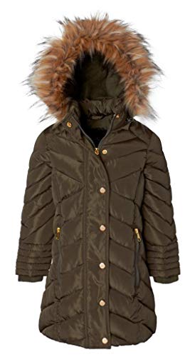 Sportoli Girls' Long Fleece Lined Heavy Quilt Puffer Coat with Deteachable Fur Trimmed Hood - Olive 7/82