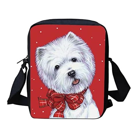 HUIACONG Red Christmas Cross Body Bag Kids Small Shoulder Bag Zipper Messenger Bag Adjustable Shoulder Strap Handbags West Highland White Terrier Cover
