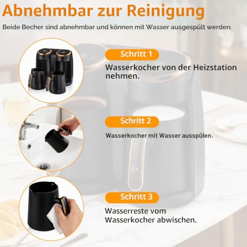 Türkische Kaffeemaschine, 600W Elektrische Türkischer Kaffeekocher mit 2 Stück 300ml Kannen, Touch-Bedienung, LED-Anzeige, Automatische Abschaltung, Heißgetränkezubereiter für Einsatz im Büro, Hause