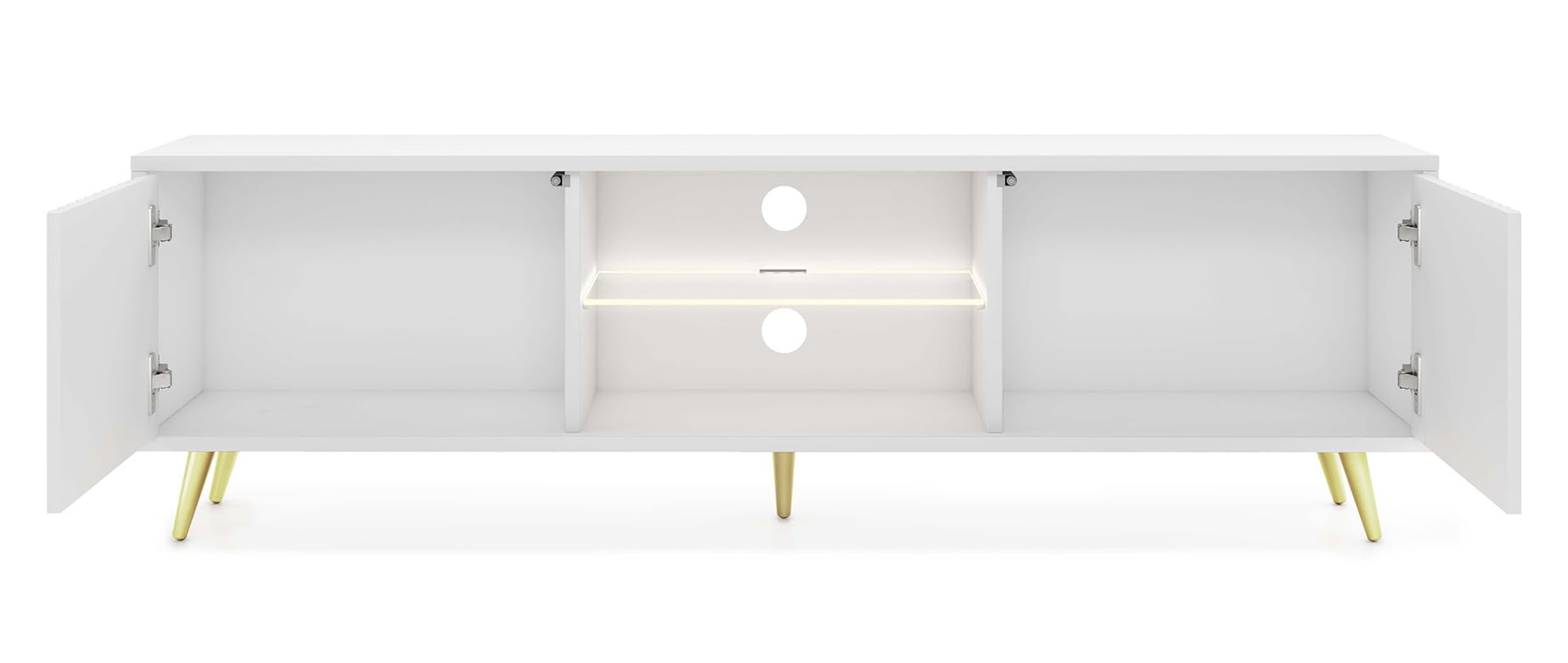 Selsey TV Schrank Board Sideboard Fernsehtisch Fernsehschrank Mit Lamellen 135 cm Goldene Beine Weiß Bello