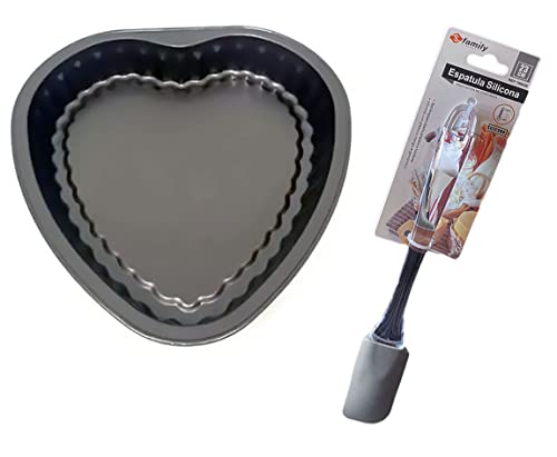Family Menaje Molde bizcocho corazón + espátula silicona de 23 cm con mango de PVC. Molde para hornear tartas y bizcochos con forma de corazón. Sorprende a tú pareja (27,5 x 26,5 x 4,5 cm)