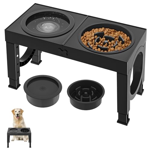 Aystkniet 犬 食器台 ペット 餌台 早食い防止 食器 エサ台 低速給水 高さ調節可能 餌入れ 犬 ご飯台 フードボウル 台 お皿 中型犬 大型犬 ペット用品 食器 フードスタンド付き ペット皿 滑り止め 給餌容器 給水容器 コンパクト ボウル取り外し可能 ボウル2個 給餌 水やり 折り畳んで収納 洗いやすい 黒い