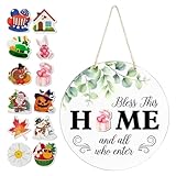 Austauschbares Willkommensschild | mit 12 Symbolen im rustikalen Bauernhaus-Stil als runde Feiertagsdekoration - für Eingangsbereich saisonale Dekoration Türkranz - Für Eingang Haustür Einweihungspart