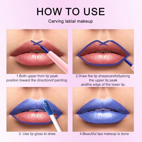Image of evpct Blue Metallic Glitter Lip Liner and Lipstick Combo Lip Gloss Stain Set Makeup for Women Long Lasting Waterproof 24, Non Stick Cup Metal Shine Shimmer Iridescent Liquid Lipstick 24