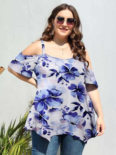 Image of LARACE Cold Shoulder Tops for Womens Summer Clothes Spaghetti Strape Tunic Oversized Shirts Asymmetrical Plus Size Blouse
