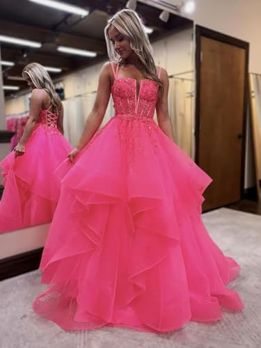 Tiered Tulle Prom Dresses Strapless for Women Lace Appliques Formal Dress Spaghetti Straps LW0854