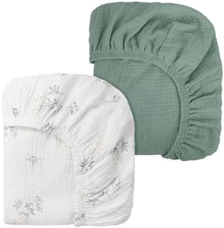 Peepeemax Musselin-Baumwolle Spannbettlaken 80x40cm, Kinderwagen Spannbettlaken Stubenwagen Matratzenbezug für Moseskorb, Babybett und Beistellbett für Jungen und Mädchen, 2er Pack