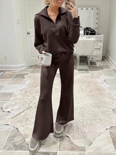 ANRABESS Women’s 2 Piece Outfits Half Zip Sweatshirt & Wide Leg Pants Airport Travel Lounge Matching Sets Sweatsuits Clothing Coffee Medium - Image 9