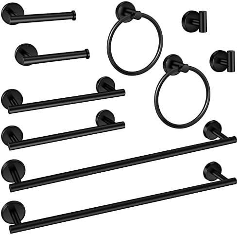 10 Piece Matte Black Bathroom Hardware Set -Include23.6&12inch Bathroom Towel bar,Towel Ring,Toilet Paper Holder, Towel Hook,2 Pack 5 Piece Bathroom Accessories Set Stainless Steel Wall Mounted