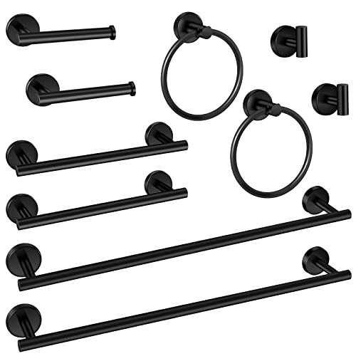 10 Piece Matte Black Bathroom Hardware Set -Include23.6&12Inch Bathroom Towel Bar,Towel Ring,Toilet Paper Holder, Towel Hook,2 Pack 5 Piece Bathroom Accessories Set Stainless Steel Wall Mounted #TOP2