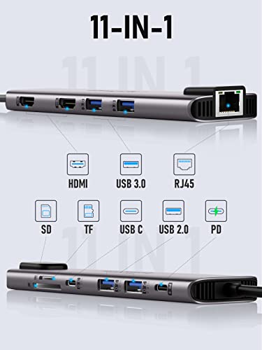 Lemorele 11 in 1 USB C Laptop Docking Station Dual Monitor Hub Adapter w/ 2 HDMI 4K, 100W PD, Ethernet, SD/TF, 2 USB 3.0, 2 USB 2.0, USB C 3.0 Data, for Dell HP Lenovo Surface Typc C Laptop - Thumbnail 7