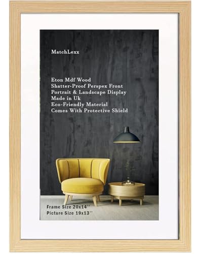 MatchLexx® Pine | Large Pictures Frame 20x14'' With White Mount 19x13'' Poster Frame | Wooden Jigsaw Puzzle Artwork For Prints, Certificates, Canvas (Pine, Pine-M-Frame-20x14'' (19x13''))