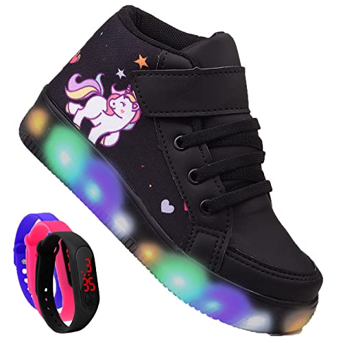Tenis Botinha Feminino De Led Infantil Unicornio Personagem DIversão Luzinha + Relogio Cor:Preto; Ta