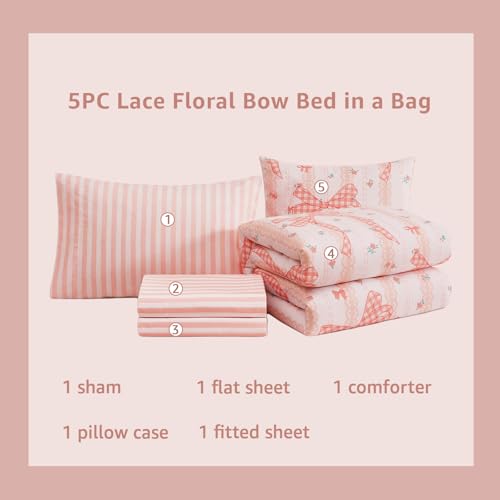 Image of Twin XL Comforter Set for Girls Lace Floral Bow 5 Pieces Bed in a Bag