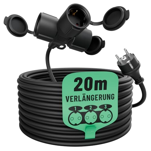 greate 3fach Verl&auml;ngerungskabel au&szlig;en 20 Meter - Verl&auml;ngerungskabel wasserdicht IP44 Aussenbereich - 3 Fach Mehrfachsteckdose Verl&auml;ngerung drau&szlig;en 20m 3500 W, Outdoor Extension Cord Waterproof