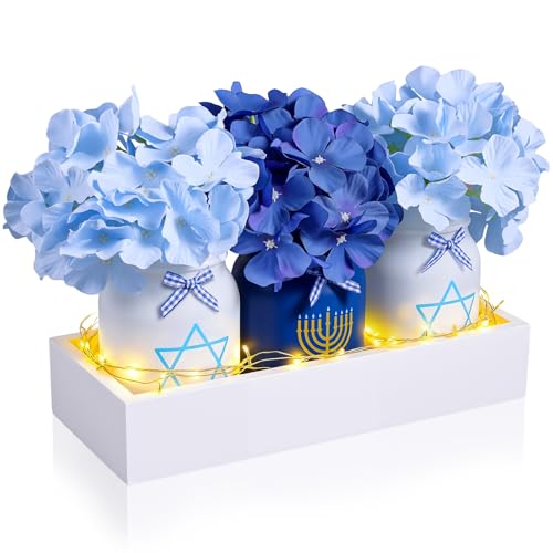 Hanukkah Mason Jar Floral Arrangement Table Centerpieces Set - 3 Glass Jars with Fairy Light String, Wooden Tray & Blue Hydrangeas Jewish Holiday Decor for Table Farmhouse Kitchen Office Wedding