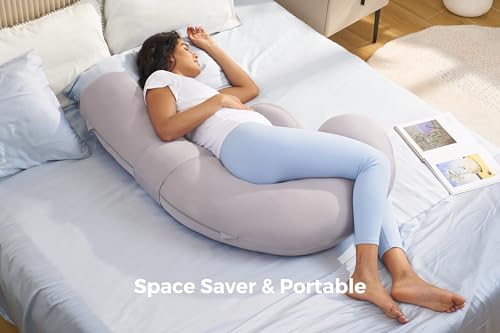 Image of Momcozy Cooling Pregnancy Pillow,Original F Shaped Maternity Pillow for Pregnant Women with Adjustable Wedge Pillow, Full Body Support Pregnancy Pillows for Side Sleeping with Velvet Cover, Light Grey