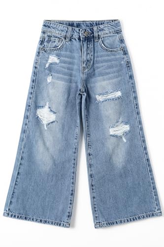 KIDSCOOL SPACE Girls Slim Flare Jeans,Little Big Girl Ripped Wide Leg Soft Denim Pants