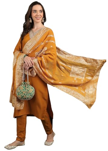 Ensemble kurta brodé haut de gamme Memore couleur moutarde avec voile