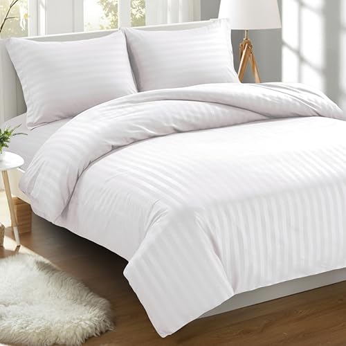 Elegant Comfort Best, Softest, Coziest 3-Piece Duvet Cover Sets! - 1500 Premier Hotel Quality Luxurious Wrinkle Resistant 3-Piece Damask Stripe Duvet Cover Set, Full/Queen, White