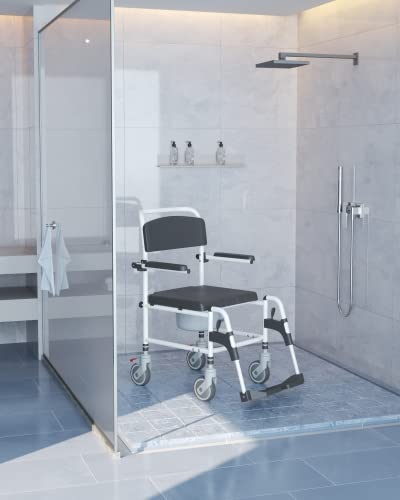 Aiho Mobile Shower Chair On Wheels With Commode Bedside Commode With Locking Wheels, Detachable Bucket, Padded Seat. Toilet Commode Chair For Seniors Disabled Injured 300Lbs #TOP1